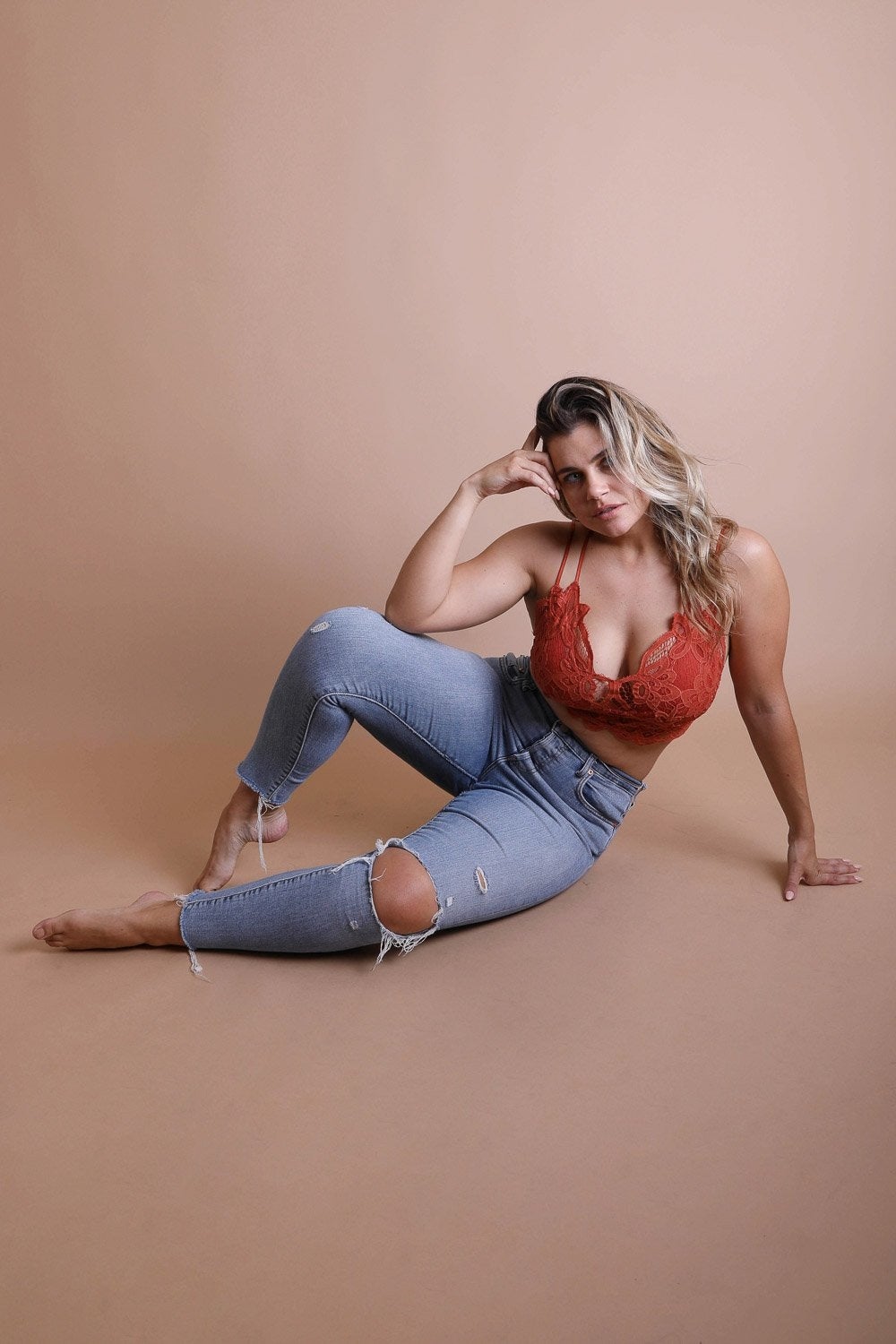 Plus crochet lace longline bralette by Periwinkle Aether featuring padded crochet lace, longline design, and intricate detailing.