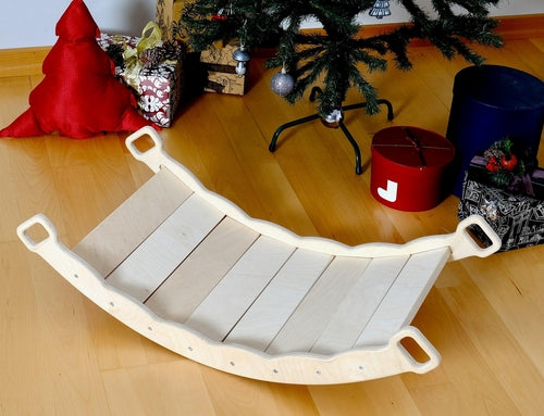 Red Oceanus XL wooden balance board with pillow for kids, multifunctional furniture for balance and play.