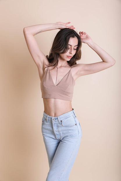 Small mocha Y-neck plunge crop top from Periwinkle Aether, featuring a stylish cut and fitted design.