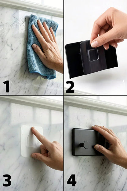 Set of four Gold Penelope self-adhesive wall hooks, ideal for bathroom and kitchen, easy to install tech accessories.