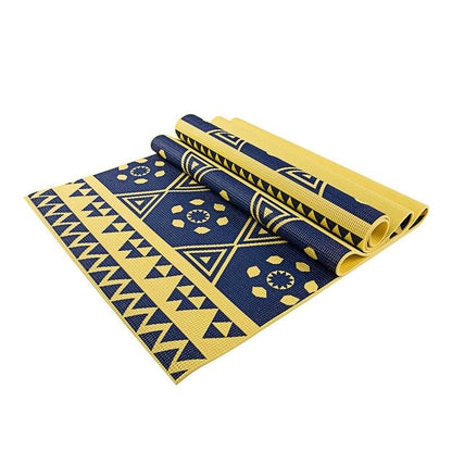 Yellow printed PVC premium yoga mat from Azure Jason, showing textured surface and colorful printed design for outdoor exercise.