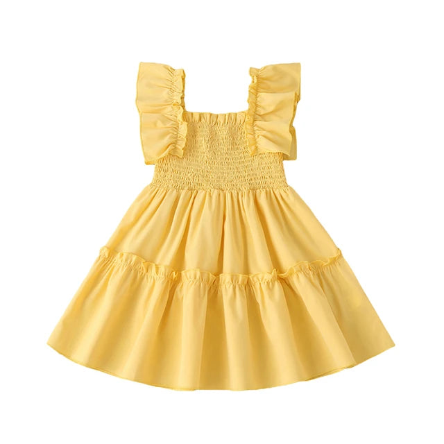 Yellow tiered smocked dress for kids by Grey Sam, featuring a playful, layered design perfect for little girls.