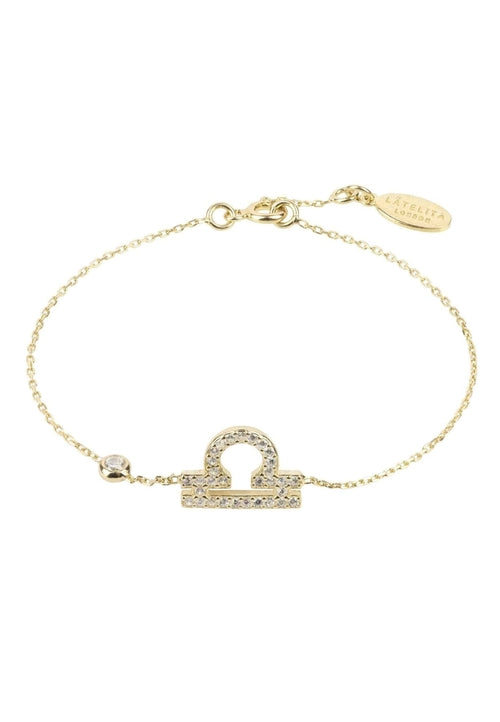 Gold Misty Zodiac Horoscope Libra bracelet, star sign jewelry with celestial design, accessories for astrology enthusiasts.